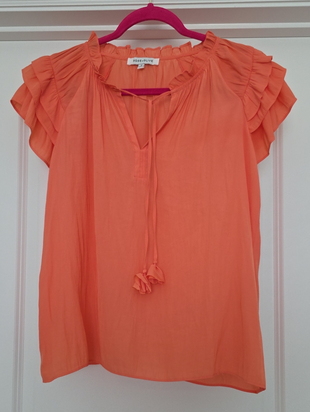 Rose & Olive Coral-Orange Ruffle Sleeve Tie-Front Blouse